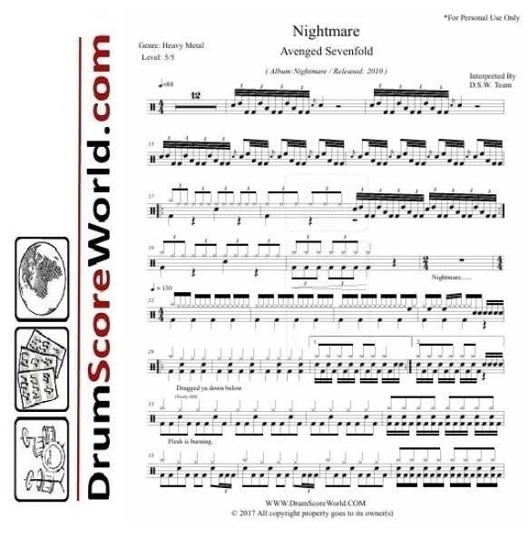 Avenged Sevenfold - Nightmare - Drum Sheet + Play-Along Track